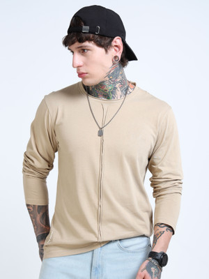 FROSEN FOX Self Design Men Round Neck Beige T-Shirt