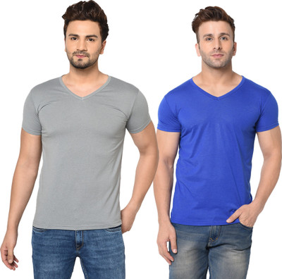 Tresna Trendy Solid Men V Neck Grey, Blue T-Shirt