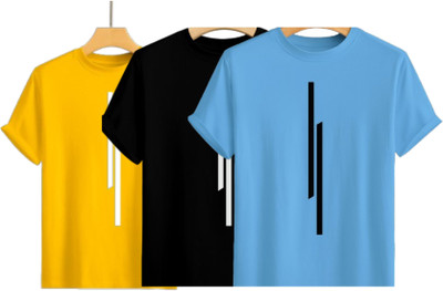 Misty Creation Printed, Self Design Men Round Neck Yellow, Black, Light Blue T-Shirt