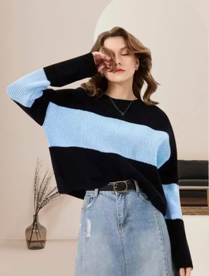 Amreliya Style Colorblock Women Round Neck Blue T-Shirt