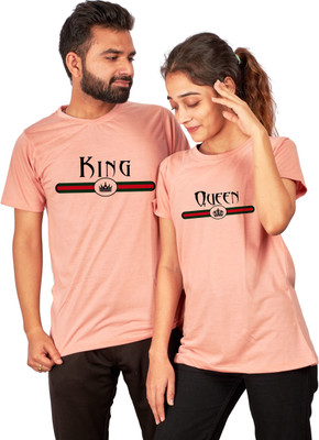 JH MART Printed Couple Round Neck Pink T-Shirt