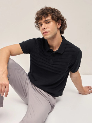 THE BEAR HOUSE Self Design Men Polo Neck Black T-Shirt