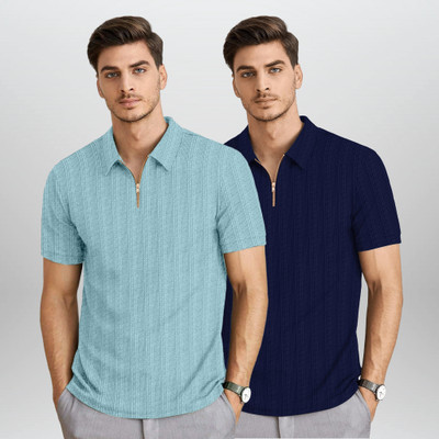 BROWEARS Self Design Men Zip Neck Blue T-Shirt