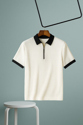 NB NICKY BOY Solid Men Zip Neck White T-Shirt