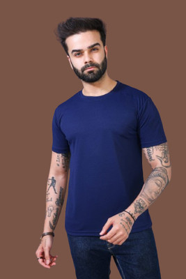 TELOXY Solid Men Round Neck Dark Blue T-Shirt