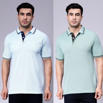 We Perfect Solid Men Polo Neck Blue, Green T-Shirt