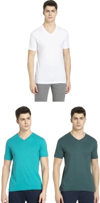 JOCKEY Solid Men V Neck Light Green, Green, White T-Shirt