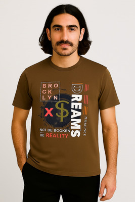 SAND PIPER Printed Men Round Neck Brown T-Shirt