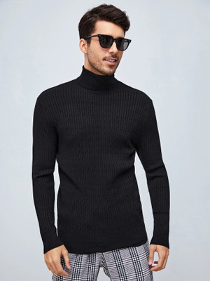 Stylistico Self Design Men High Neck Black T-Shirt