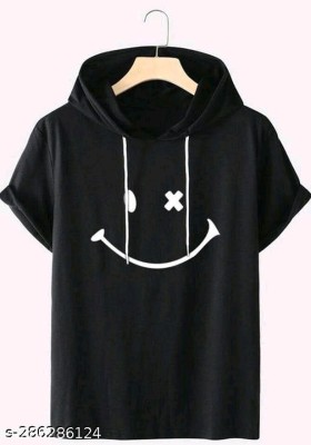 GJCR Printed Men Hooded Neck Reversible Black T-Shirt