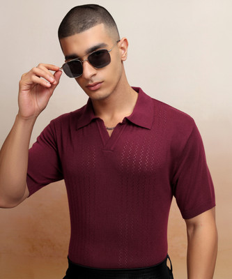 HIGHLANDER Self Design Men Polo Neck Maroon T-Shirt