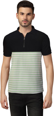 Blisstone Striped Men Polo Neck Green T-Shirt