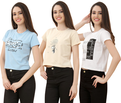 Rareleaf Printed Women Round Neck White, Blue, Beige T-Shirt
