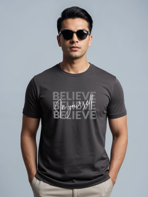 ADRO Printed Men Round Neck Grey T-Shirt