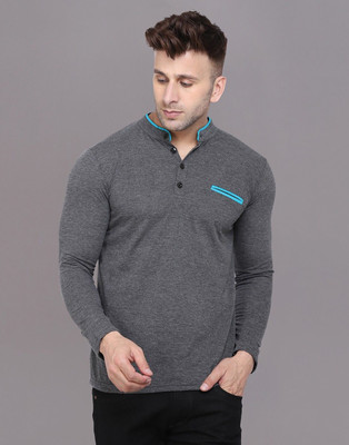 Blisstone Solid Men Mandarin Collar Grey T-Shirt