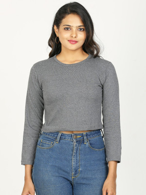 VDTREND Solid Women Round Neck Grey T-Shirt