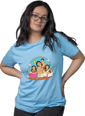 Tedhi Medhi Family Conversational, Printed, Self Design, Graphic Print Women Round Neck Light Blue T-Shirt