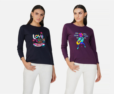 LeeBurg Printed Women Round Neck Navy Blue, Purple T-Shirt