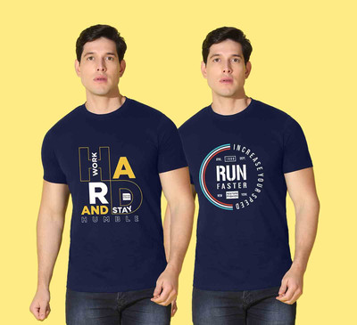 WOOSTRO Printed Men Round Neck Blue T-Shirt