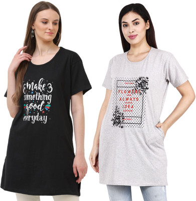 HOC Printed Women Round Neck Black, Grey T-Shirt