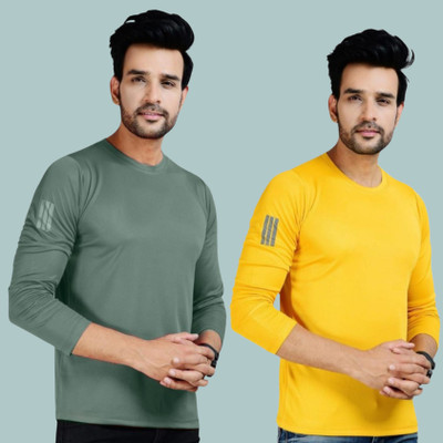 FICKA Solid Men Round Neck Green, Yellow T-Shirt