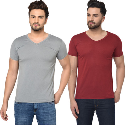 Tresna Fab Solid Men V Neck Grey, Maroon T-Shirt