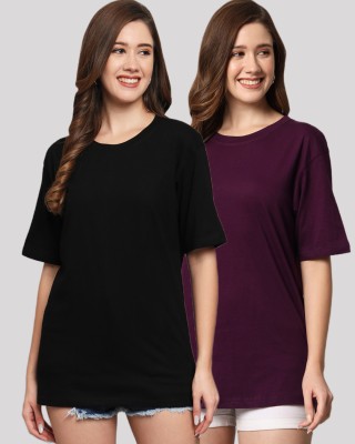 FUNDAY FASHION Solid Women Round Neck Black, Purple T-Shirt