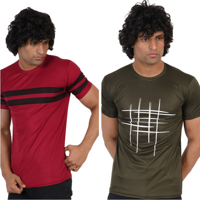 Jaqque Printed Men Round Neck Maroon, Dark Green T-Shirt