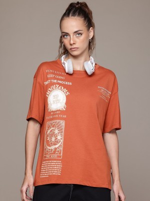 Roadster Printed Women Round Neck Orange T-Shirt