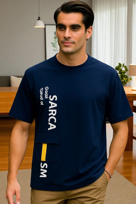 FAOES Printed Men Round Neck Navy Blue T-Shirt