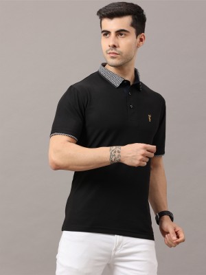 Stellers Solid Men Polo Neck Black T-Shirt