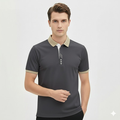 GELAI ENTERPRISE Solid, Self Design, Striped, Printed Men Polo Neck Grey T-Shirt