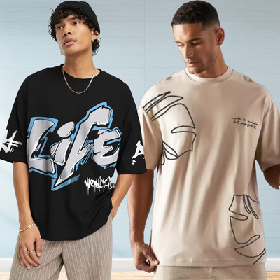 Jump Cuts Printed Men Round Neck Multicolor T-Shirt