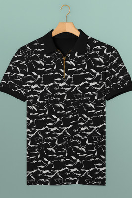 NB NICKY BOY Printed Men Zip Neck Black T-Shirt