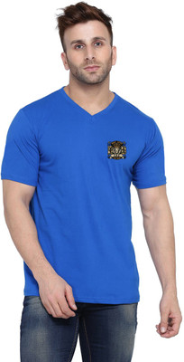 Money Leaf Graphic Print Men V Neck Blue T-Shirt