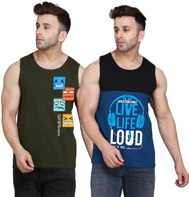 SLOWLORIS Printed Men Scoop Neck Black, Dark Blue, Dark Green T-Shirt