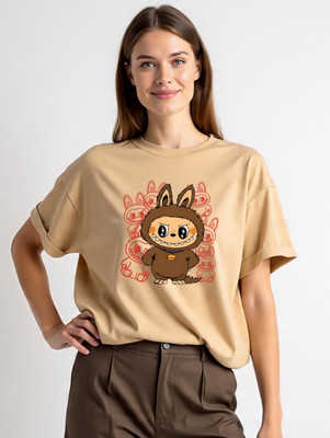 Mr Anime Graphic Print Women Round Neck Beige T-Shirt