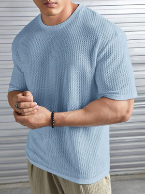 KAJARU Self Design Men Round Neck Blue T-Shirt