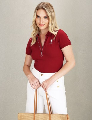 U.S. POLO ASSN. Solid Women Polo Neck Red T-Shirt