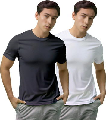 Fighterhero Solid, Sporty Men Round Neck Grey, White T-Shirt