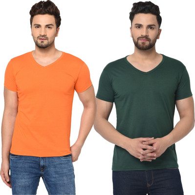 JB Jangoboy Solid Men V Neck Dark Green, Orange T-Shirt