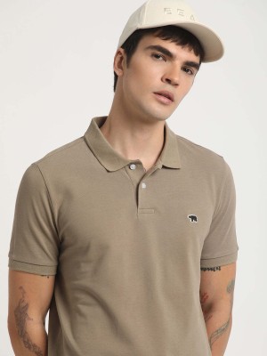 THE BEAR HOUSE Solid Men Polo Neck Beige T-Shirt