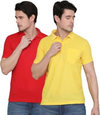 INKKR Solid Men Polo Neck Red, Yellow T-Shirt