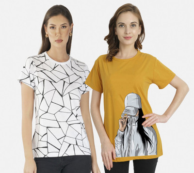 CHOQU Printed Women Round Neck White, Yellow T-Shirt