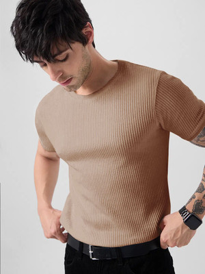 GLANZY Self Design Men Round Neck Brown T-Shirt