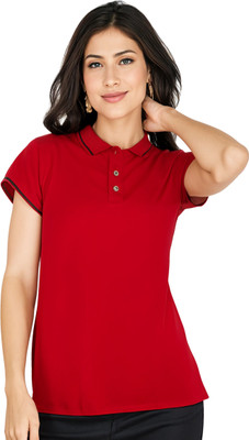 SHAUN Solid Women Polo Neck Red T-Shirt