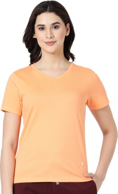 Blossom Solid Women V Neck Orange T-Shirt