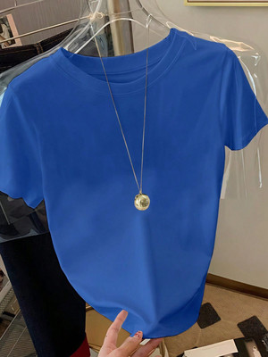 TRENDY TEES Solid Women Round Neck Blue T-Shirt