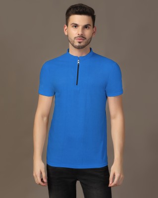 tfurnish Solid Men Mandarin Collar Blue T-Shirt