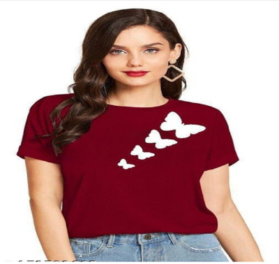TARSHI Printed Women Round Neck Maroon T-Shirt